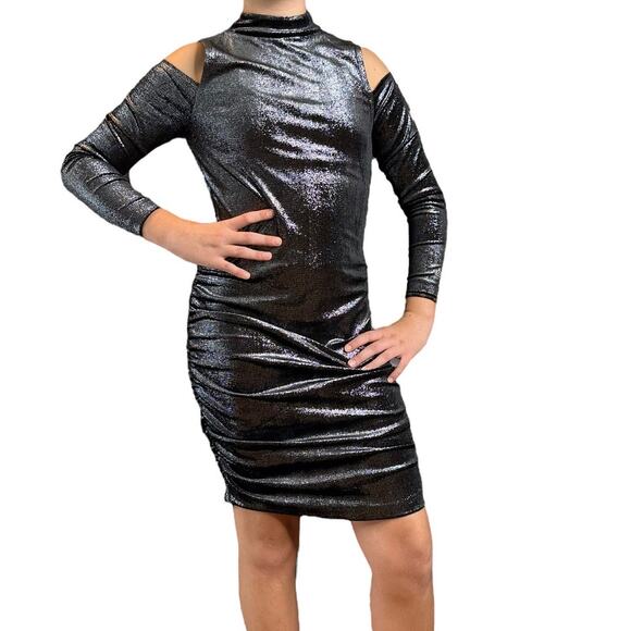 Juicy Couture Silver Bodycon Ruched Cold Shoulder Dress Velvet Size Small Y2K - Picture 1 of 10